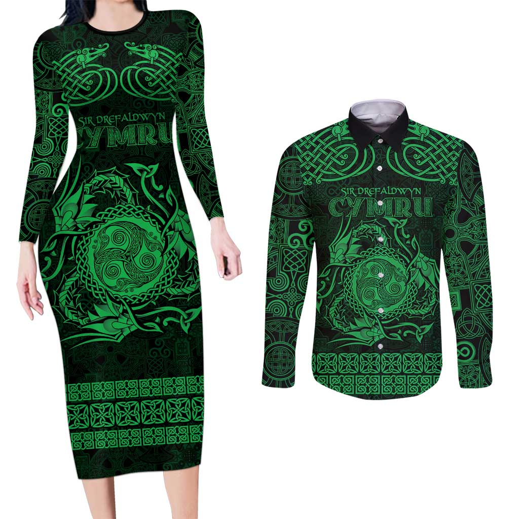 Personalized Montgomeryshire Sir Drefaldwyn Couples Matching Long Sleeve Bodycon Dress and Long Sleeve Button Shirt Green Water Triskele Celtic-inspired - Wonder Print Shop