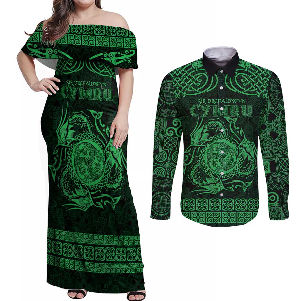 Personalized Montgomeryshire Sir Drefaldwyn Couples Matching Off Shoulder Maxi Dress and Long Sleeve Button Shirt Green Water Triskele Celtic-inspired - Wonder Print Shop