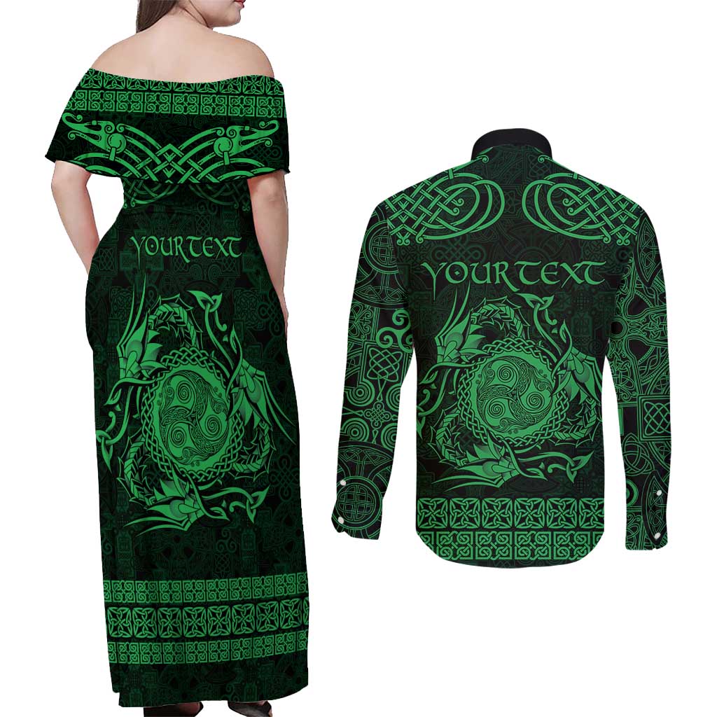 Personalized Montgomeryshire Sir Drefaldwyn Couples Matching Off Shoulder Maxi Dress and Long Sleeve Button Shirt Green Water Triskele Celtic-inspired - Wonder Print Shop