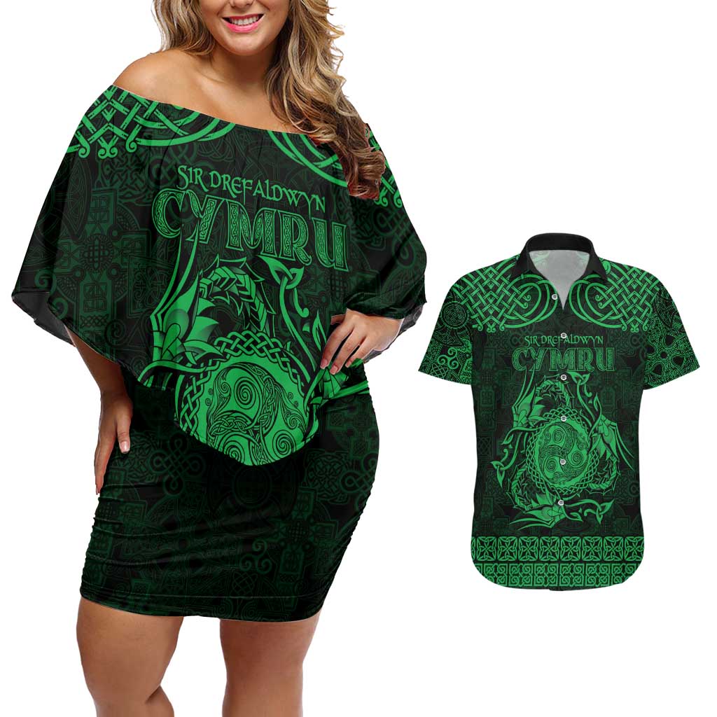 Personalized Montgomeryshire Sir Drefaldwyn Couples Matching Off Shoulder Short Dress and Hawaiian Shirt Green Water Triskele Celtic-inspired - Wonder Print Shop