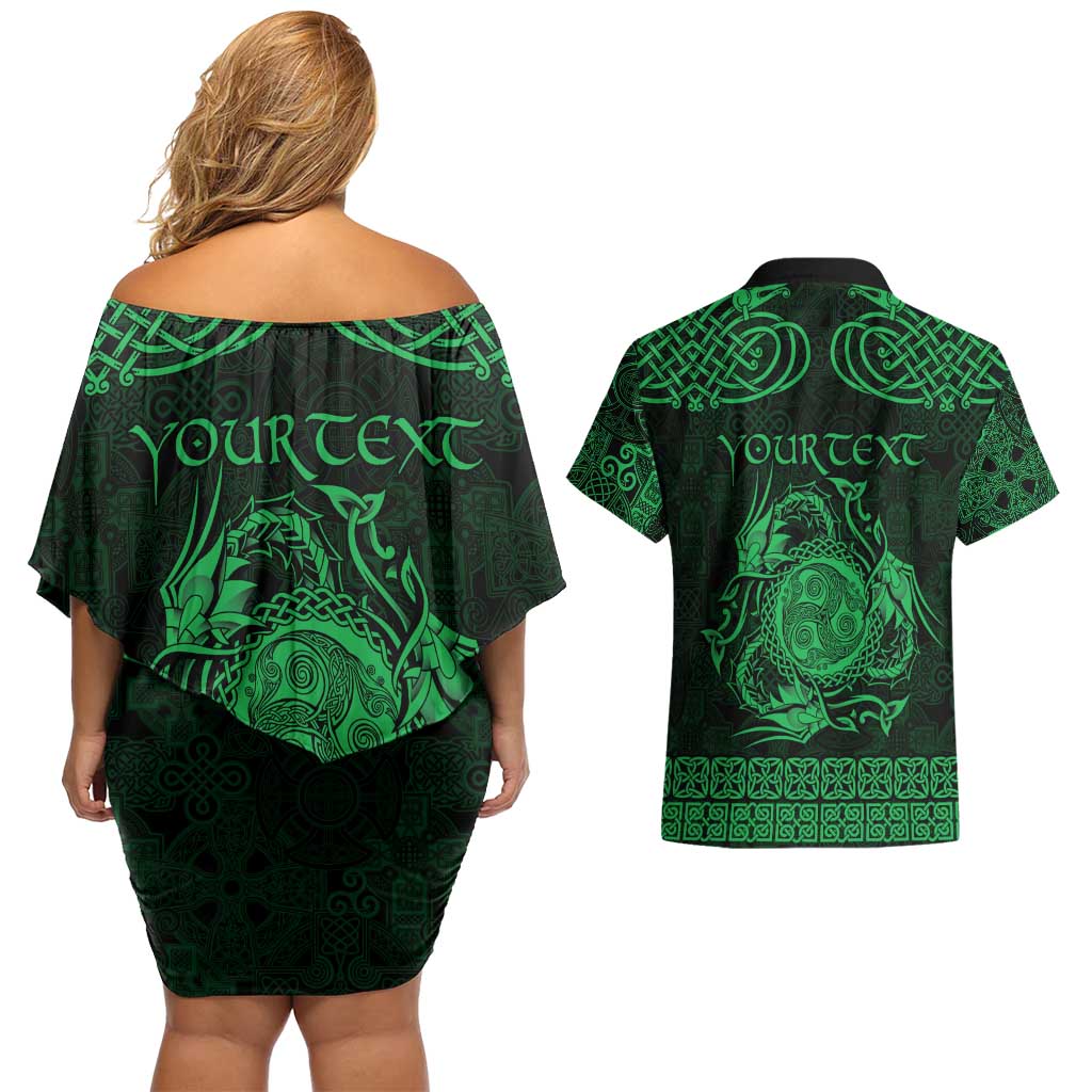 Personalized Montgomeryshire Sir Drefaldwyn Couples Matching Off Shoulder Short Dress and Hawaiian Shirt Green Water Triskele Celtic-inspired - Wonder Print Shop