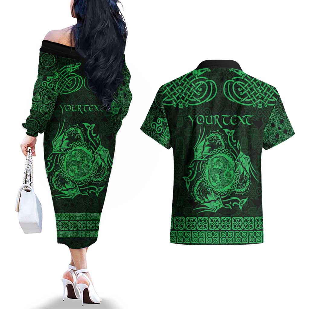 Personalized Montgomeryshire Sir Drefaldwyn Couples Matching Off The Shoulder Long Sleeve Dress and Hawaiian Shirt Green Water Triskele Celtic-inspired - Wonder Print Shop