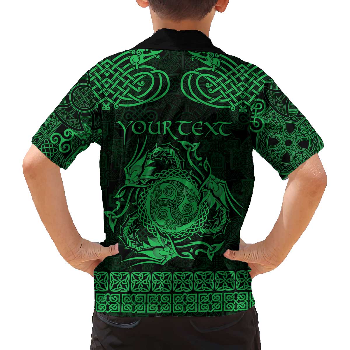 Personalized Montgomeryshire Sir Drefaldwyn Family Matching Off The Shoulder Long Sleeve Dress and Hawaiian Shirt Green Water Triskele Celtic-inspired - Wonder Print Shop