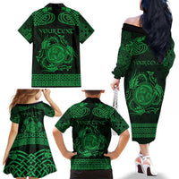 Personalized Montgomeryshire Sir Drefaldwyn Family Matching Off The Shoulder Long Sleeve Dress and Hawaiian Shirt Green Water Triskele Celtic-inspired - Wonder Print Shop
