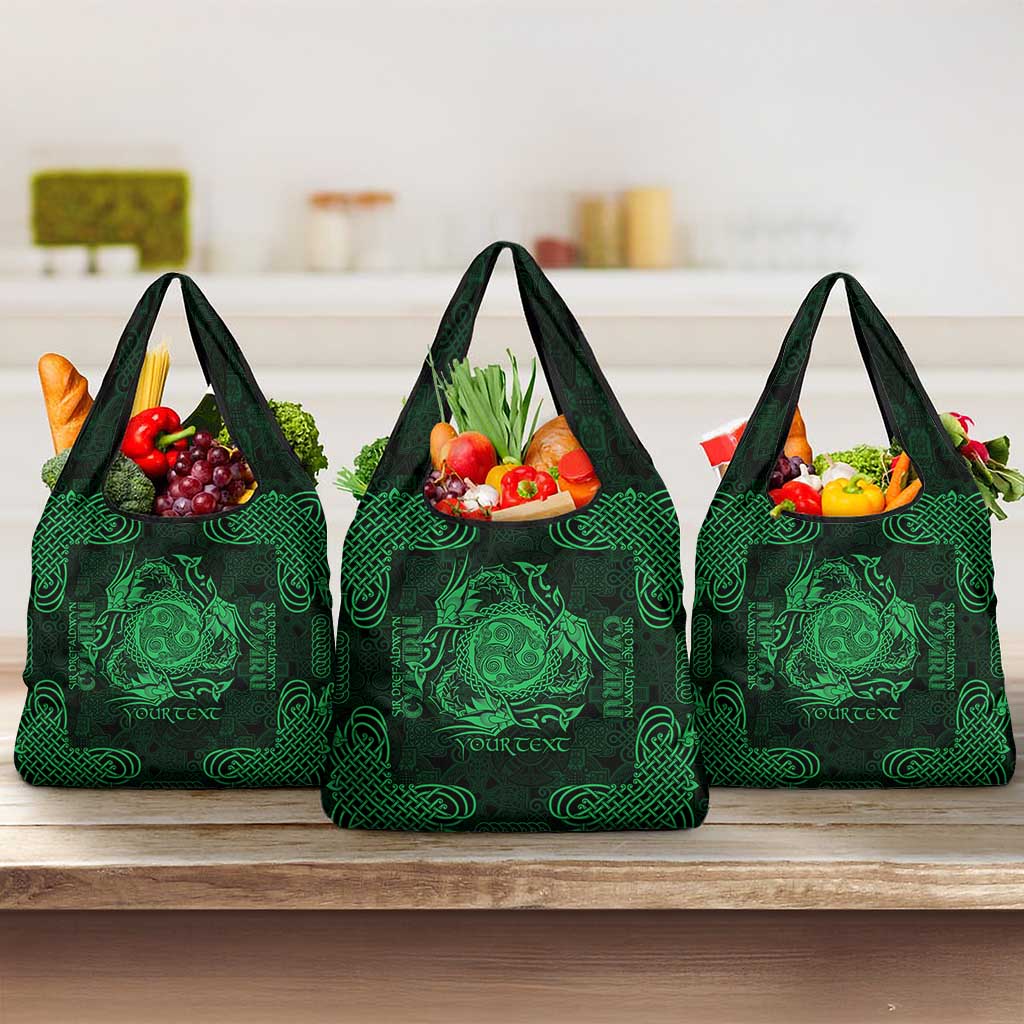 Personalized Montgomeryshire Sir Drefaldwyn Grocery Bag Green Water Triskele Celtic-inspired - Wonder Print Shop