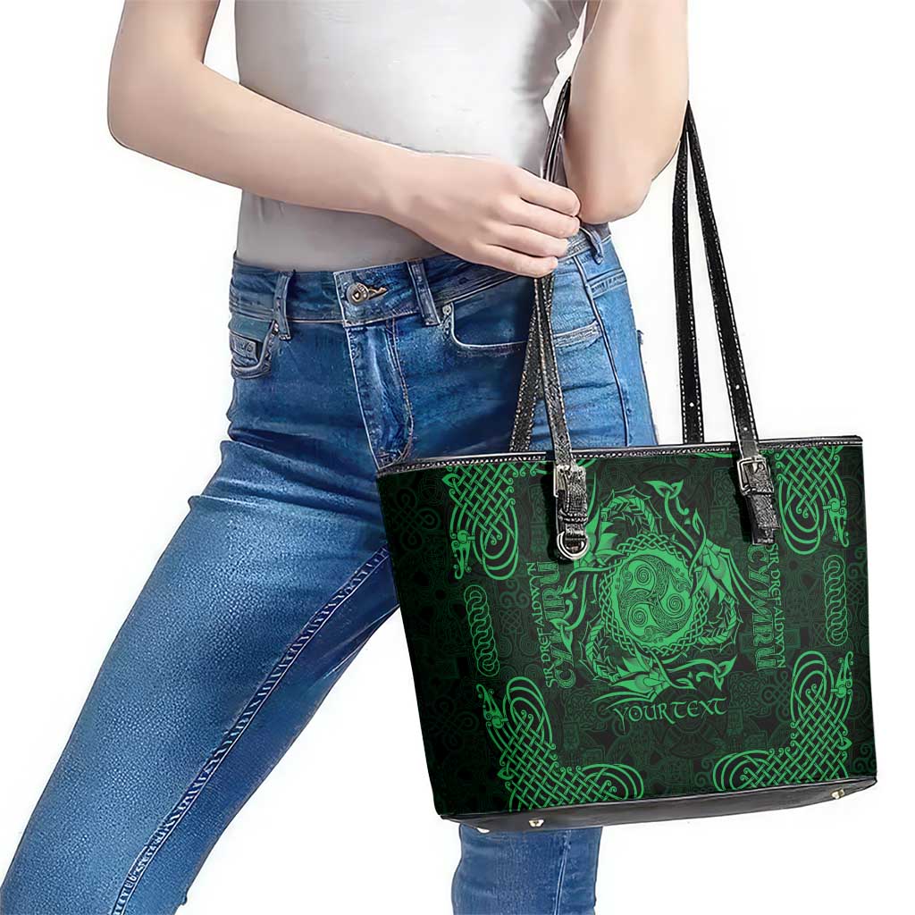 Personalized Montgomeryshire Sir Drefaldwyn Leather Tote Bag Green Water Triskele Celtic-inspired - Wonder Print Shop