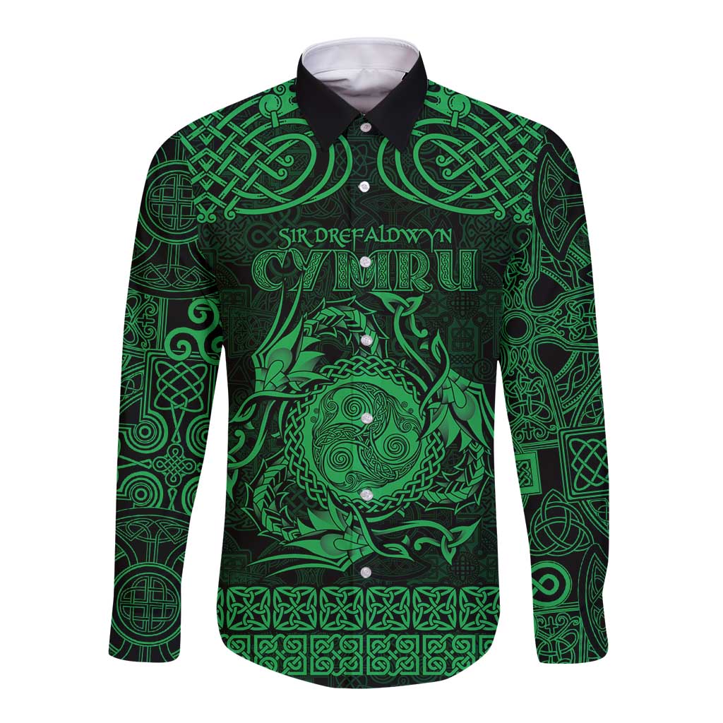 Personalized Montgomeryshire Sir Drefaldwyn Long Sleeve Button Shirt Green Water Triskele Celtic-inspired - Wonder Print Shop