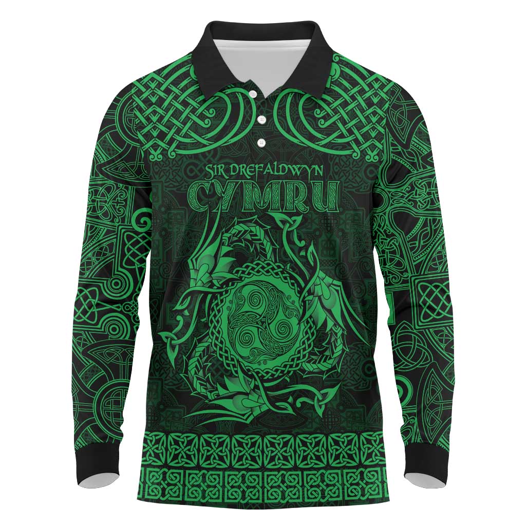 Personalized Montgomeryshire Sir Drefaldwyn Long Sleeve Polo Shirt Green Water Triskele Celtic-inspired - Wonder Print Shop