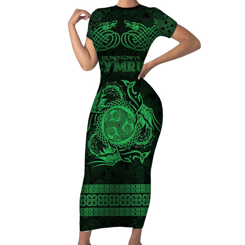 Personalized Montgomeryshire Sir Drefaldwyn Short Sleeve Bodycon Dress Green Water Triskele Celtic-inspired - Wonder Print Shop