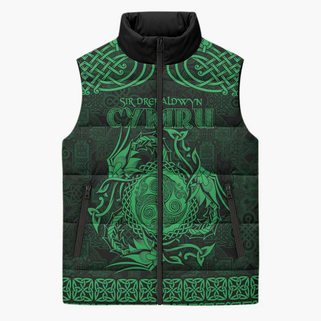 Personalized Montgomeryshire Sir Drefaldwyn Sleeveless Puffer Jacket Green Water Triskele Celtic-inspired - Wonder Print Shop