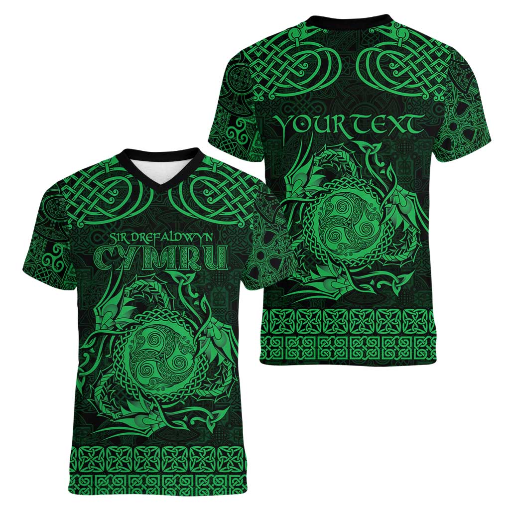 Personalized Montgomeryshire Sir Drefaldwyn Women V-Neck T-Shirt Green Water Triskele Celtic-inspired - Wonder Print Shop