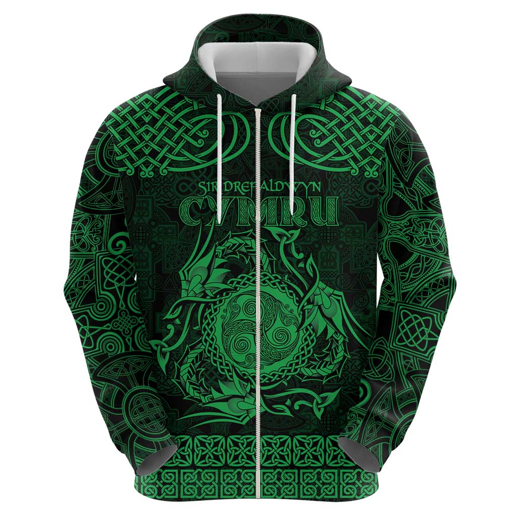 Personalized Montgomeryshire Sir Drefaldwyn Zip Hoodie Green Water Triskele Celtic-inspired - Wonder Print Shop