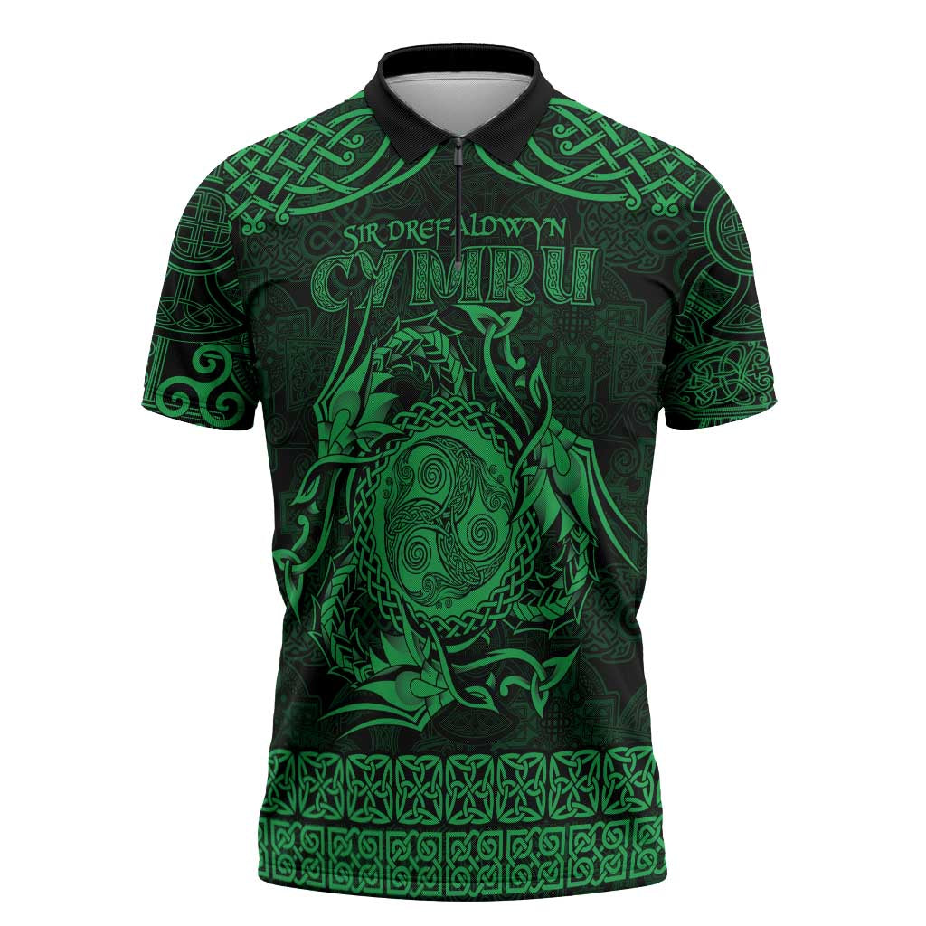 Personalized Montgomeryshire Sir Drefaldwyn Zipper Polo Shirt Green Water Triskele Celtic-inspired - Wonder Print Shop