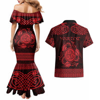 Personalized Montgomeryshire Sir Drefaldwyn Couples Matching Mermaid Dress and Hawaiian Shirt Red Water Triskele Celtic-inspired - Wonder Print Shop