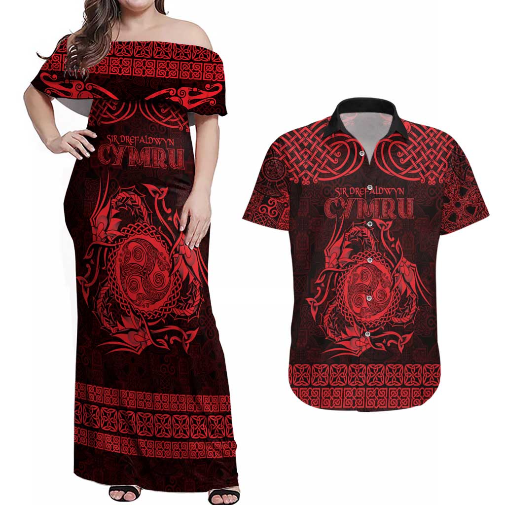Personalized Montgomeryshire Sir Drefaldwyn Couples Matching Off Shoulder Maxi Dress and Hawaiian Shirt Red Water Triskele Celtic-inspired - Wonder Print Shop