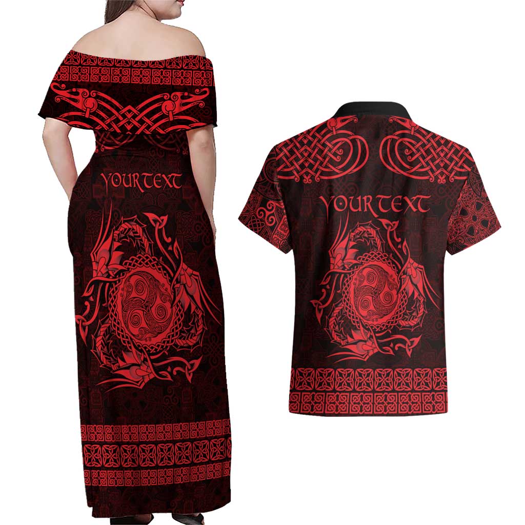Personalized Montgomeryshire Sir Drefaldwyn Couples Matching Off Shoulder Maxi Dress and Hawaiian Shirt Red Water Triskele Celtic-inspired - Wonder Print Shop