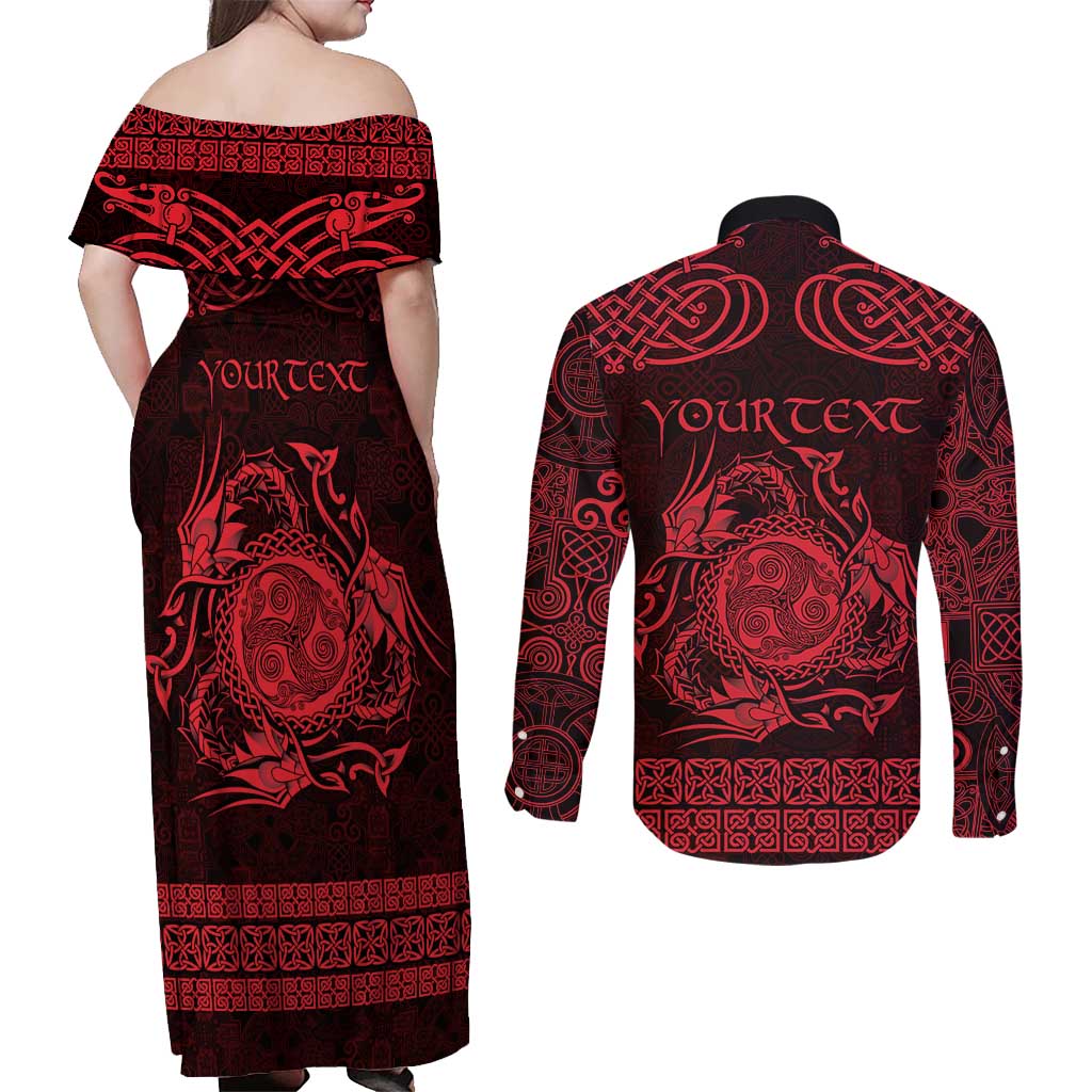 Personalized Montgomeryshire Sir Drefaldwyn Couples Matching Off Shoulder Maxi Dress and Long Sleeve Button Shirt Red Water Triskele Celtic-inspired - Wonder Print Shop