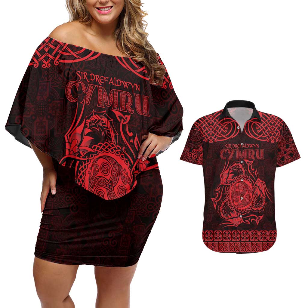 Personalized Montgomeryshire Sir Drefaldwyn Couples Matching Off Shoulder Short Dress and Hawaiian Shirt Red Water Triskele Celtic-inspired - Wonder Print Shop