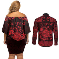 Personalized Montgomeryshire Sir Drefaldwyn Couples Matching Off Shoulder Short Dress and Long Sleeve Button Shirt Red Water Triskele Celtic-inspired - Wonder Print Shop