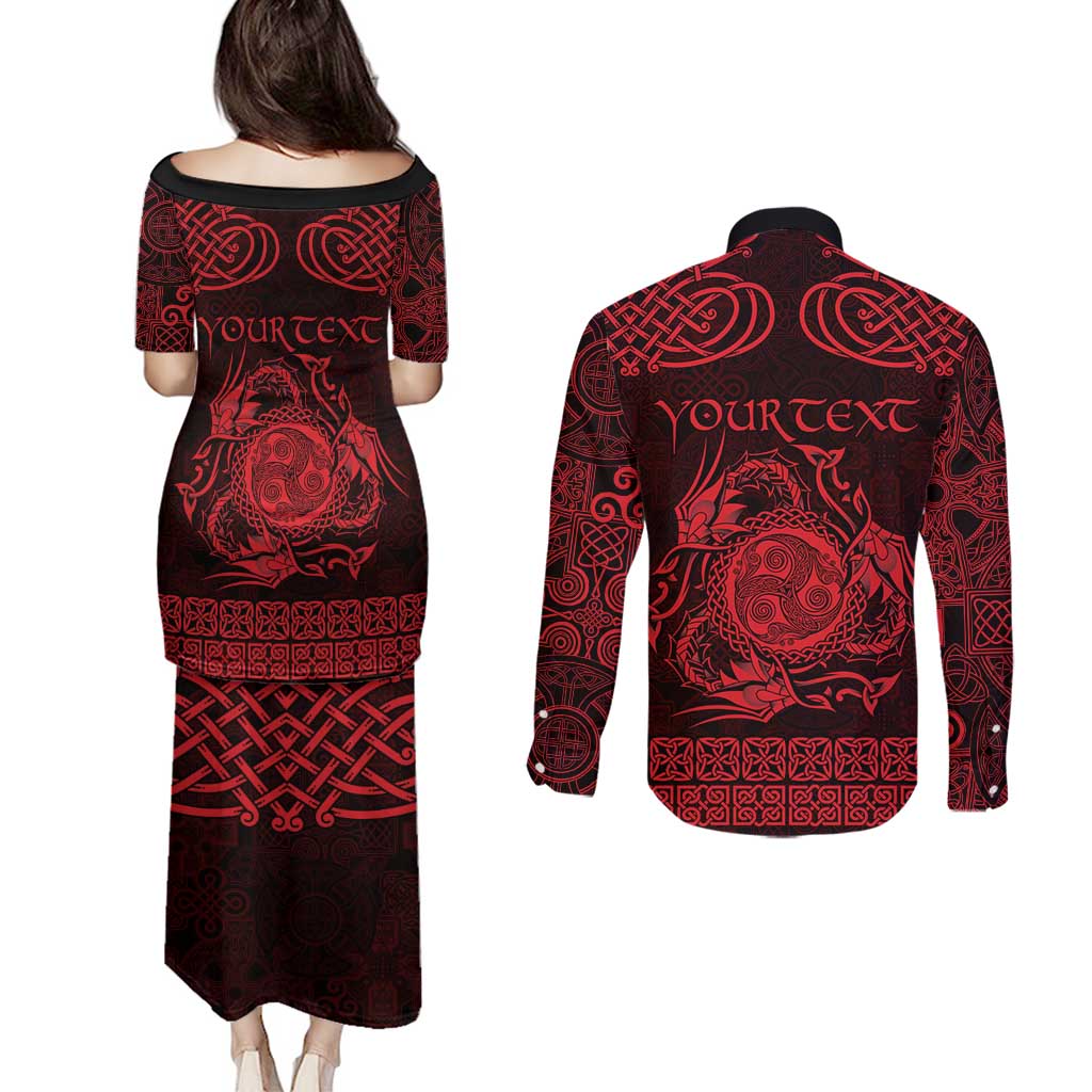 Personalized Montgomeryshire Sir Drefaldwyn Couples Matching Puletasi and Long Sleeve Button Shirt Red Water Triskele Celtic-inspired - Wonder Print Shop