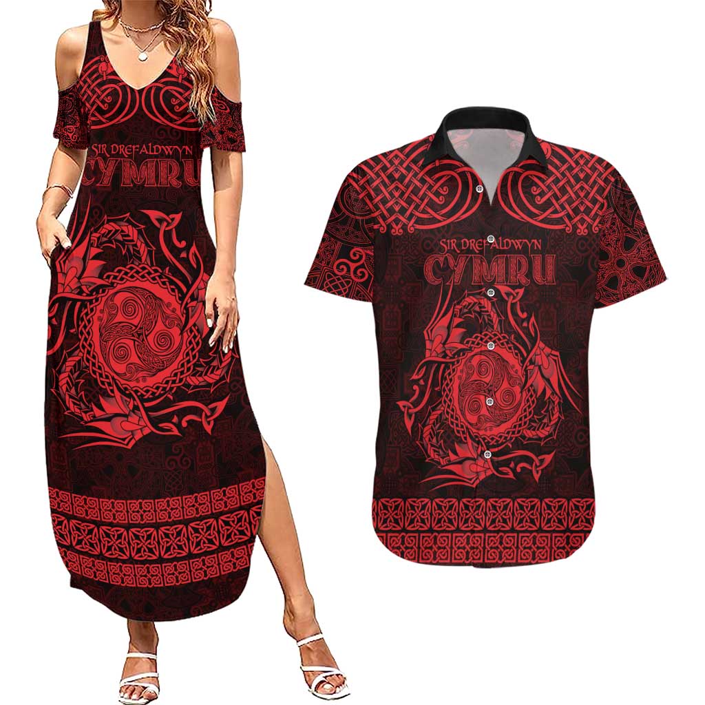 Personalized Montgomeryshire Sir Drefaldwyn Couples Matching Summer Maxi Dress and Hawaiian Shirt Red Water Triskele Celtic-inspired - Wonder Print Shop