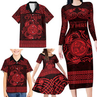 Personalized Montgomeryshire Sir Drefaldwyn Family Matching Long Sleeve Bodycon Dress and Hawaiian Shirt Red Water Triskele Celtic-inspired - Wonder Print Shop