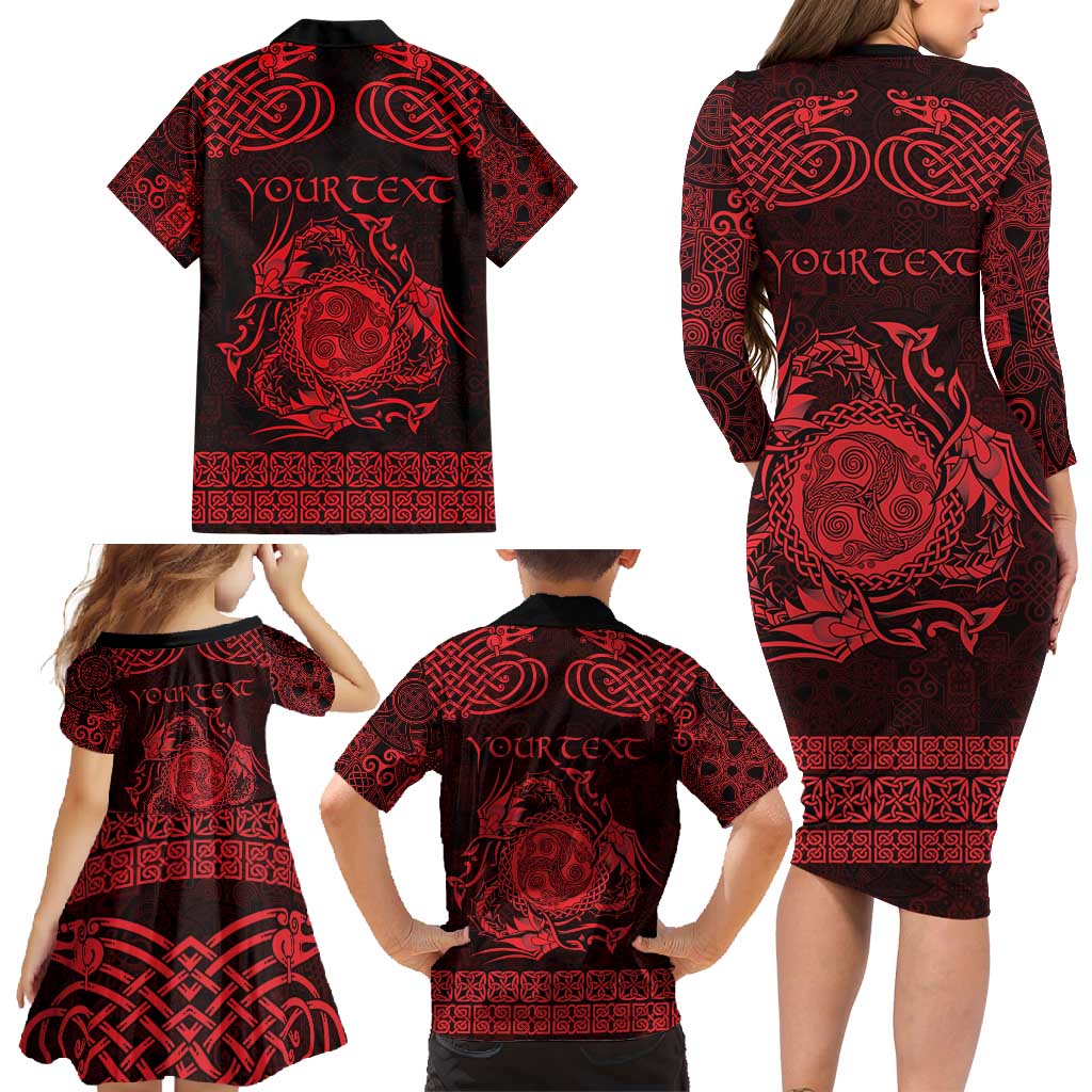 Personalized Montgomeryshire Sir Drefaldwyn Family Matching Long Sleeve Bodycon Dress and Hawaiian Shirt Red Water Triskele Celtic-inspired - Wonder Print Shop