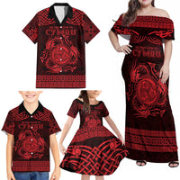Personalized Montgomeryshire Sir Drefaldwyn Family Matching Off Shoulder Maxi Dress and Hawaiian Shirt Red Water Triskele Celtic-inspired - Wonder Print Shop