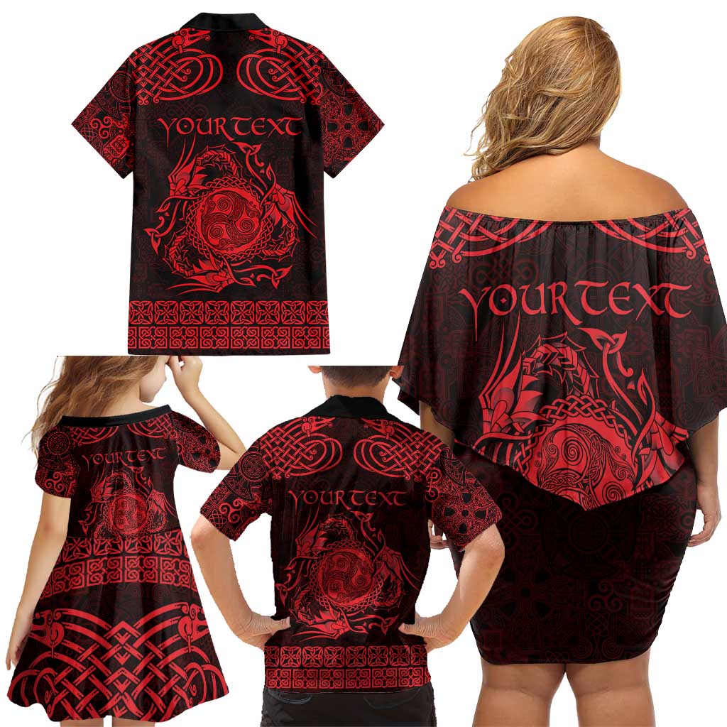 Personalized Montgomeryshire Sir Drefaldwyn Family Matching Off Shoulder Short Dress and Hawaiian Shirt Red Water Triskele Celtic-inspired - Wonder Print Shop