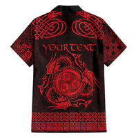 Personalized Montgomeryshire Sir Drefaldwyn Family Matching Off Shoulder Short Dress and Hawaiian Shirt Red Water Triskele Celtic-inspired - Wonder Print Shop