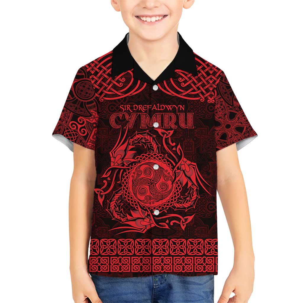 Personalized Montgomeryshire Sir Drefaldwyn Family Matching Off Shoulder Short Dress and Hawaiian Shirt Red Water Triskele Celtic-inspired - Wonder Print Shop
