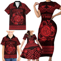 Personalized Montgomeryshire Sir Drefaldwyn Family Matching Short Sleeve Bodycon Dress and Hawaiian Shirt Red Water Triskele Celtic-inspired - Wonder Print Shop