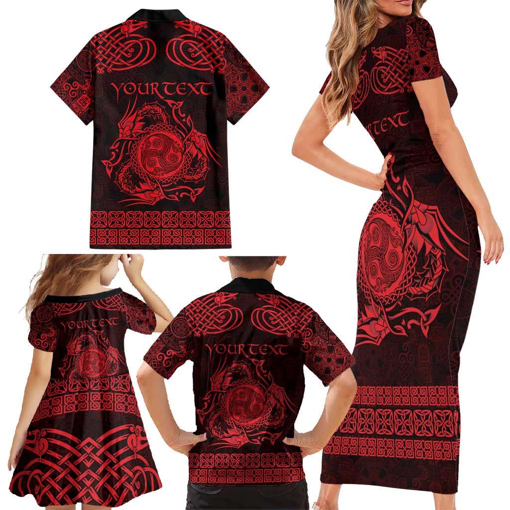 Personalized Montgomeryshire Sir Drefaldwyn Family Matching Short Sleeve Bodycon Dress and Hawaiian Shirt Red Water Triskele Celtic-inspired - Wonder Print Shop