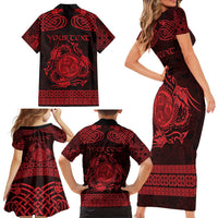 Personalized Montgomeryshire Sir Drefaldwyn Family Matching Short Sleeve Bodycon Dress and Hawaiian Shirt Red Water Triskele Celtic-inspired - Wonder Print Shop
