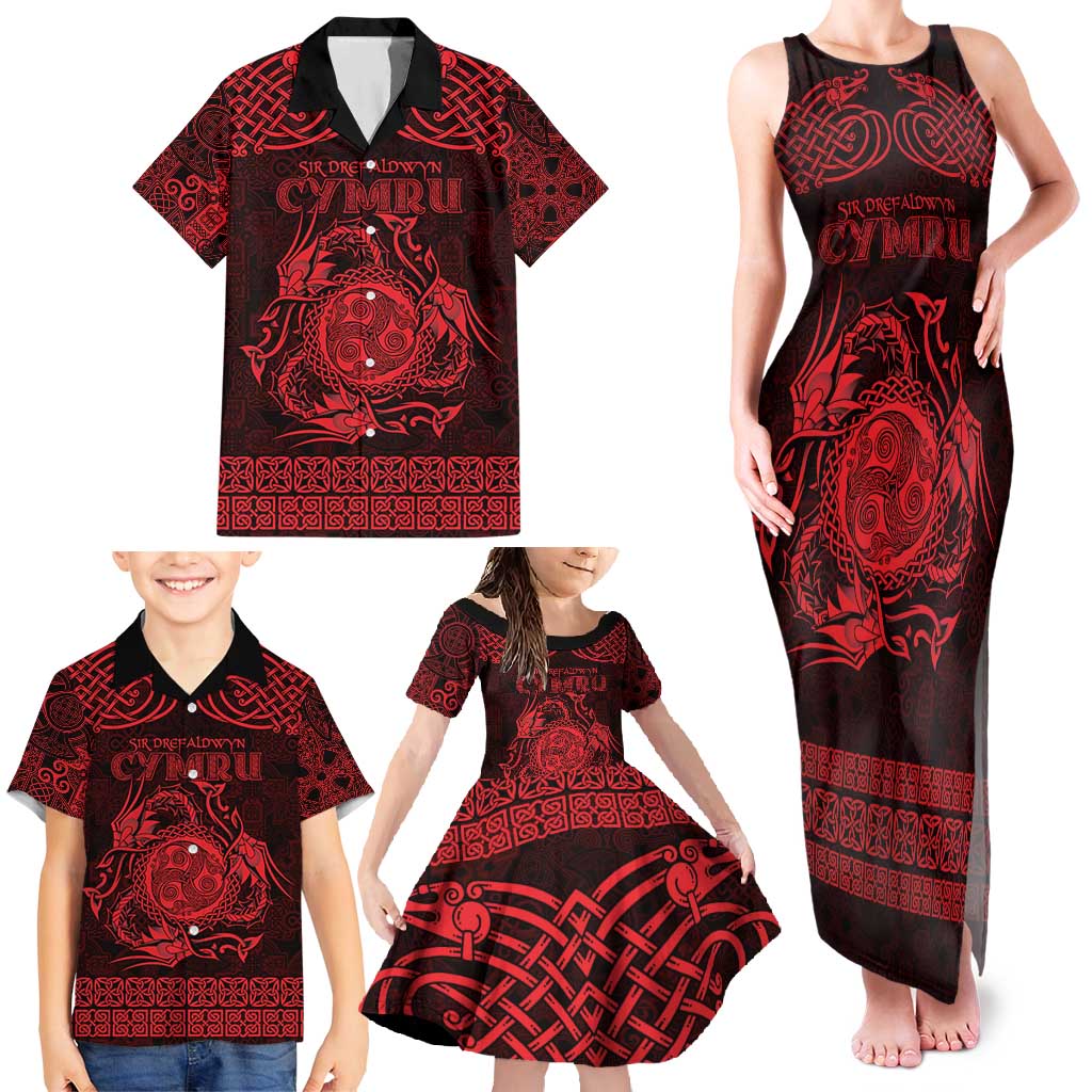 Personalized Montgomeryshire Sir Drefaldwyn Family Matching Tank Maxi Dress and Hawaiian Shirt Red Water Triskele Celtic-inspired - Wonder Print Shop