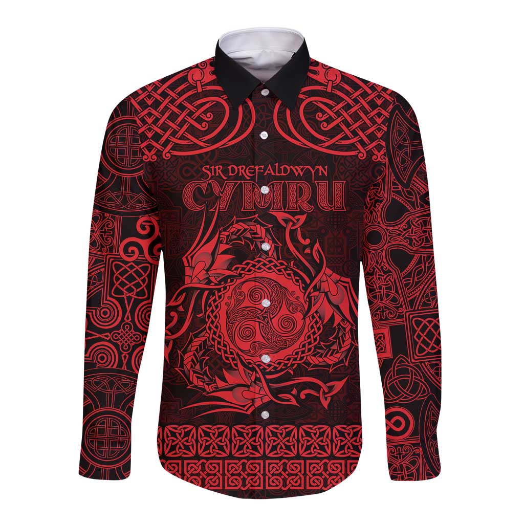 Personalized Montgomeryshire Sir Drefaldwyn Long Sleeve Button Shirt Red Water Triskele Celtic-inspired - Wonder Print Shop