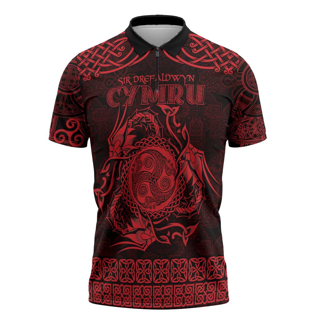 Personalized Montgomeryshire Sir Drefaldwyn Zipper Polo Shirt Red Water Triskele Celtic-inspired - Wonder Print Shop
