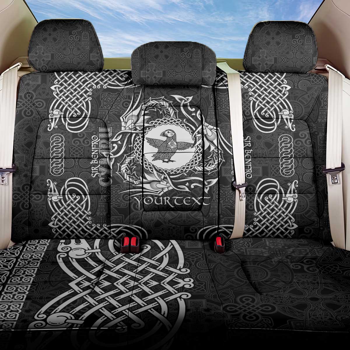 Personalized Pembrokeshire Sir Benfro Back Car Seat Cover Black Puffin Celtic-inspired - Wonder Print Shop