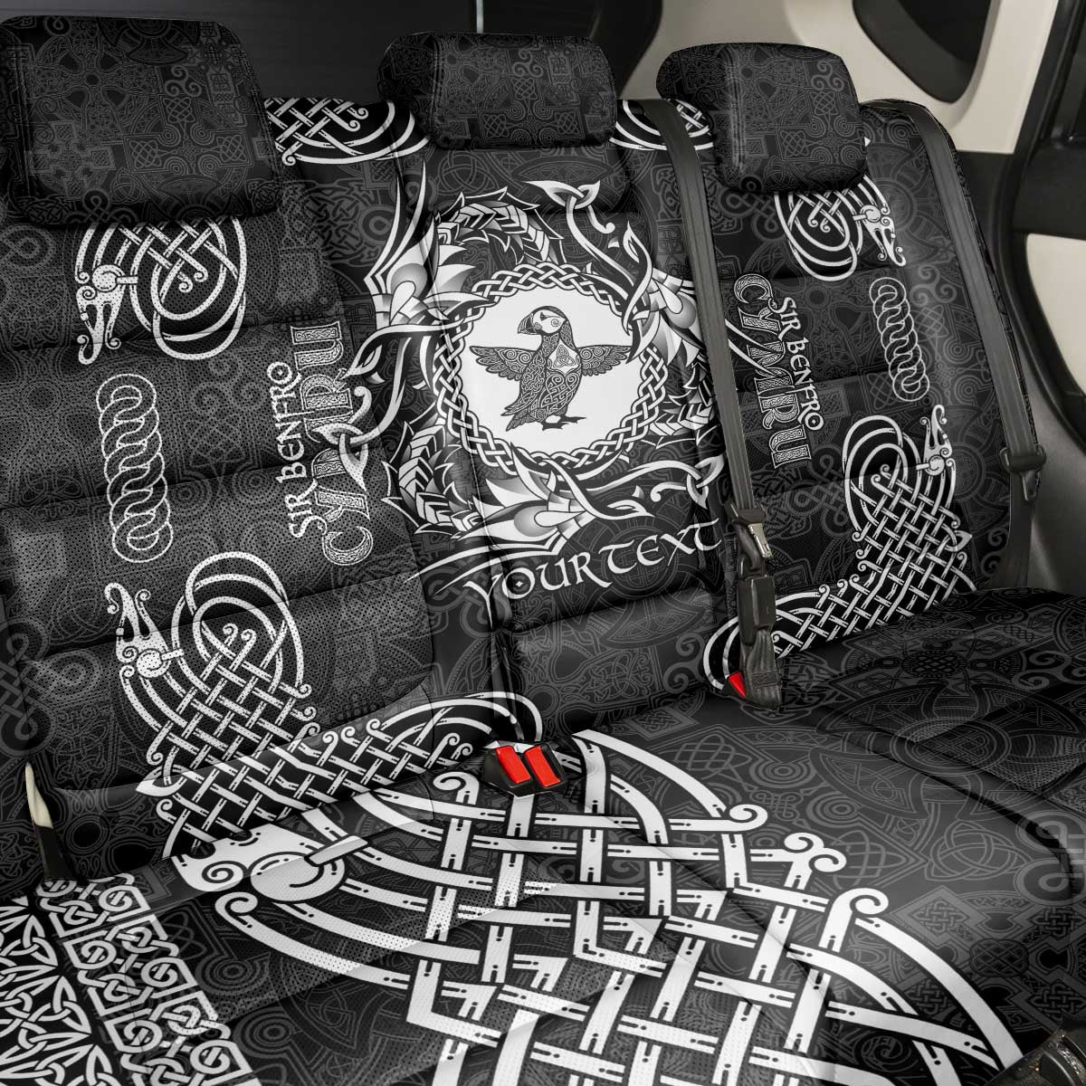 Personalized Pembrokeshire Sir Benfro Back Car Seat Cover Black Puffin Celtic-inspired - Wonder Print Shop