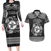 Personalized Pembrokeshire Sir Benfro Couples Matching Long Sleeve Bodycon Dress and Hawaiian Shirt Black Puffin Celtic-inspired - Wonder Print Shop