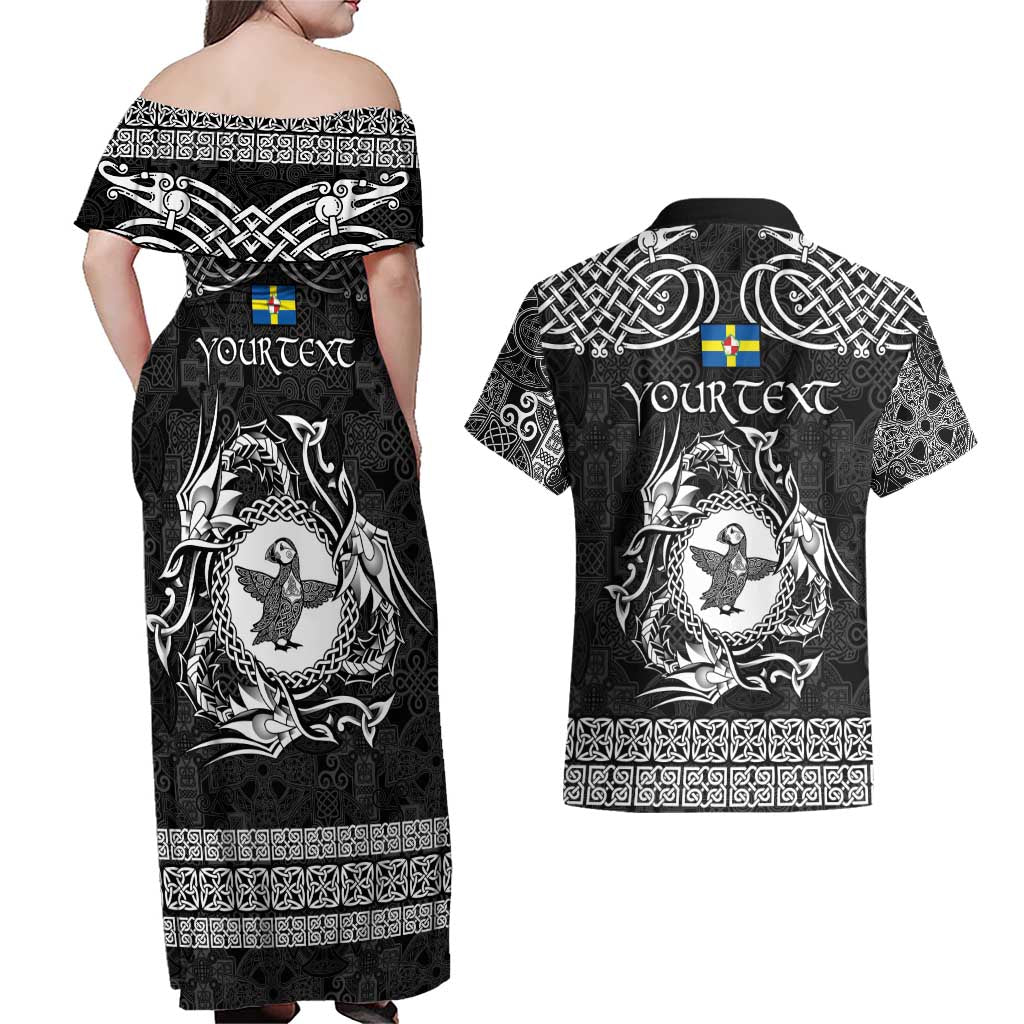 Personalized Pembrokeshire Sir Benfro Couples Matching Off Shoulder Maxi Dress and Hawaiian Shirt Black Puffin Celtic-inspired - Wonder Print Shop
