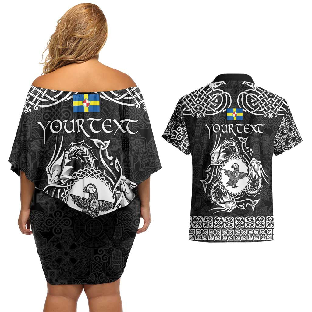 Personalized Pembrokeshire Sir Benfro Couples Matching Off Shoulder Short Dress and Hawaiian Shirt Black Puffin Celtic-inspired - Wonder Print Shop