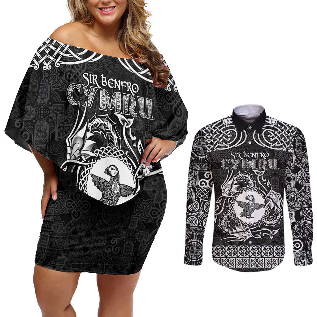 Personalized Pembrokeshire Sir Benfro Couples Matching Off Shoulder Short Dress and Long Sleeve Button Shirt Black Puffin Celtic-inspired - Wonder Print Shop