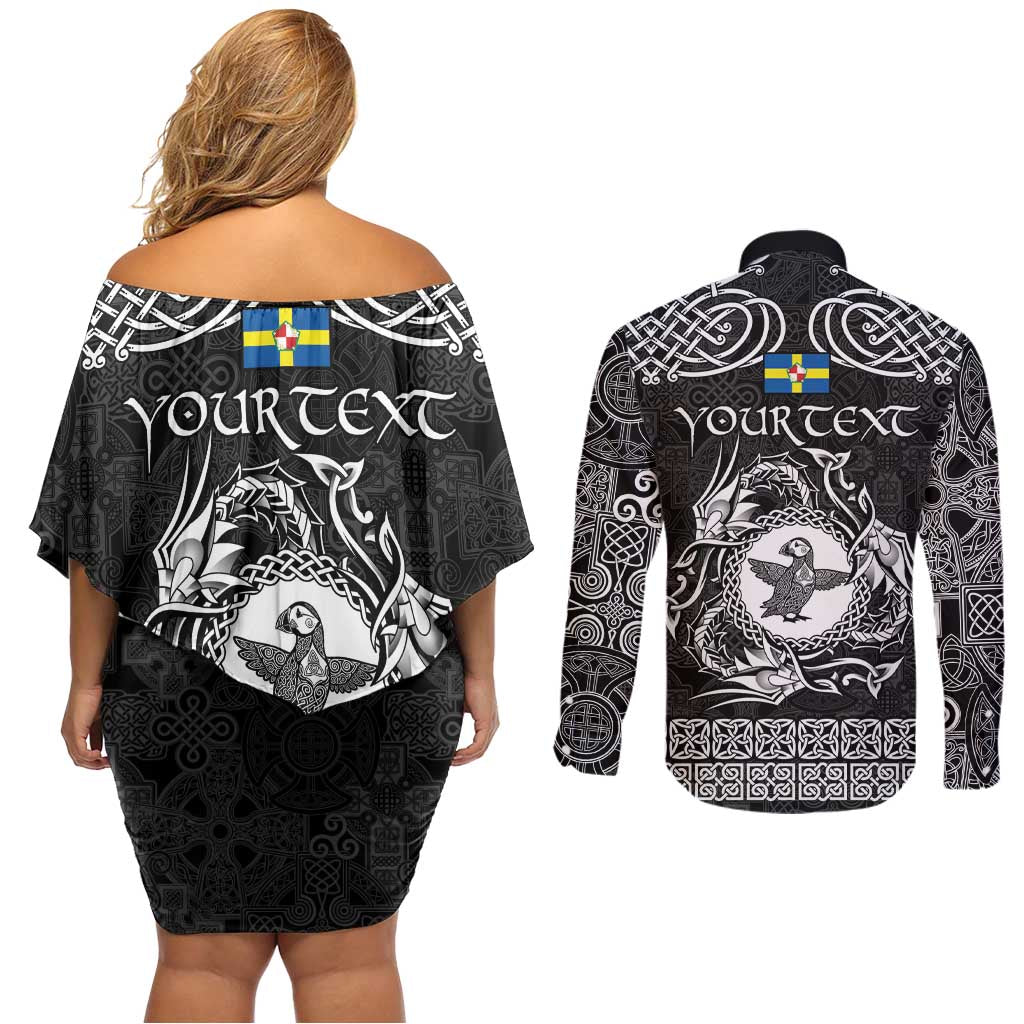 Personalized Pembrokeshire Sir Benfro Couples Matching Off Shoulder Short Dress and Long Sleeve Button Shirt Black Puffin Celtic-inspired - Wonder Print Shop