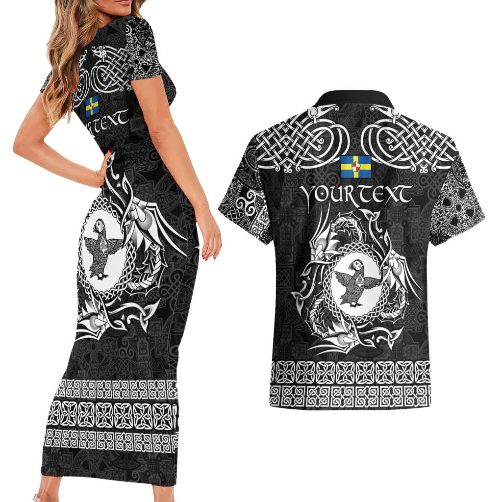 Personalized Pembrokeshire Sir Benfro Couples Matching Short Sleeve Bodycon Dress and Hawaiian Shirt Black Puffin Celtic-inspired - Wonder Print Shop
