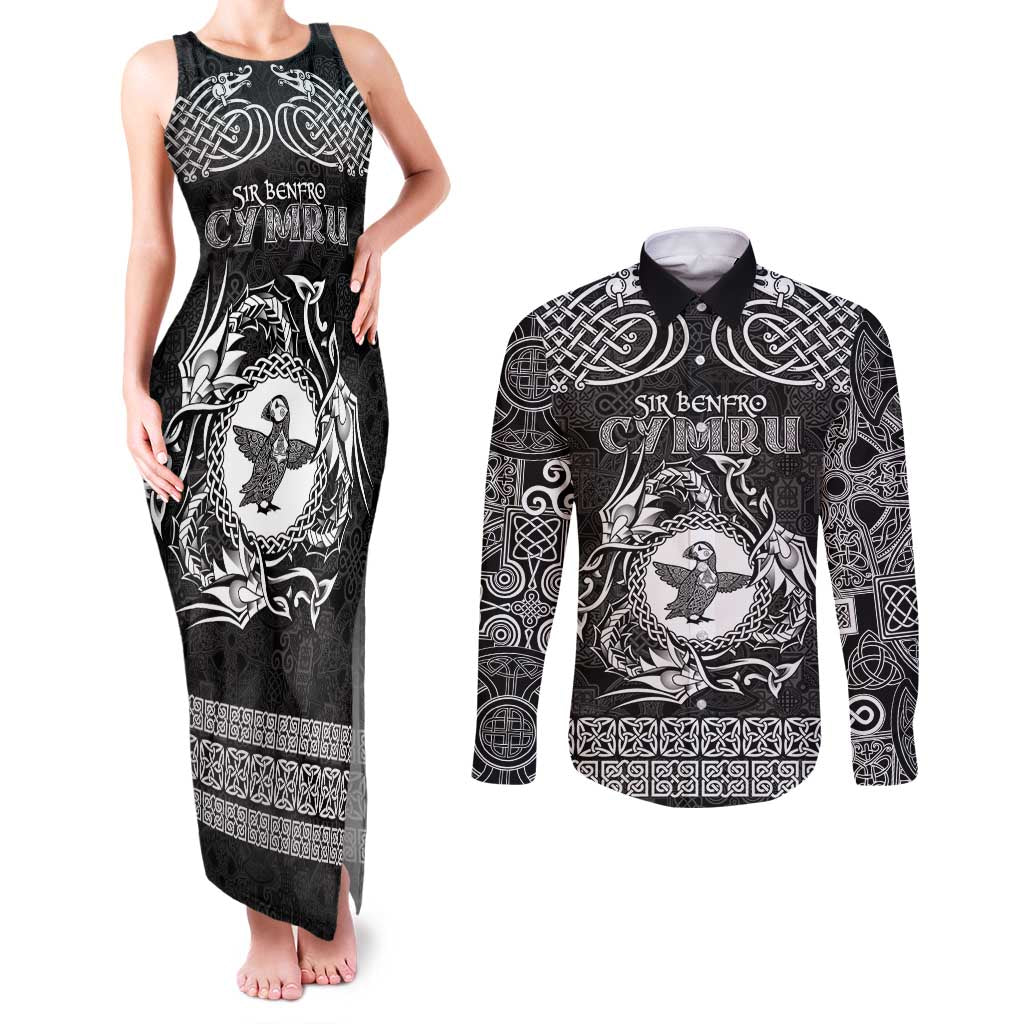 Personalized Pembrokeshire Sir Benfro Couples Matching Tank Maxi Dress and Long Sleeve Button Shirt Black Puffin Celtic-inspired - Wonder Print Shop