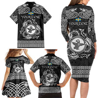 Personalized Pembrokeshire Sir Benfro Family Matching Long Sleeve Bodycon Dress and Hawaiian Shirt Black Puffin Celtic-inspired - Wonder Print Shop