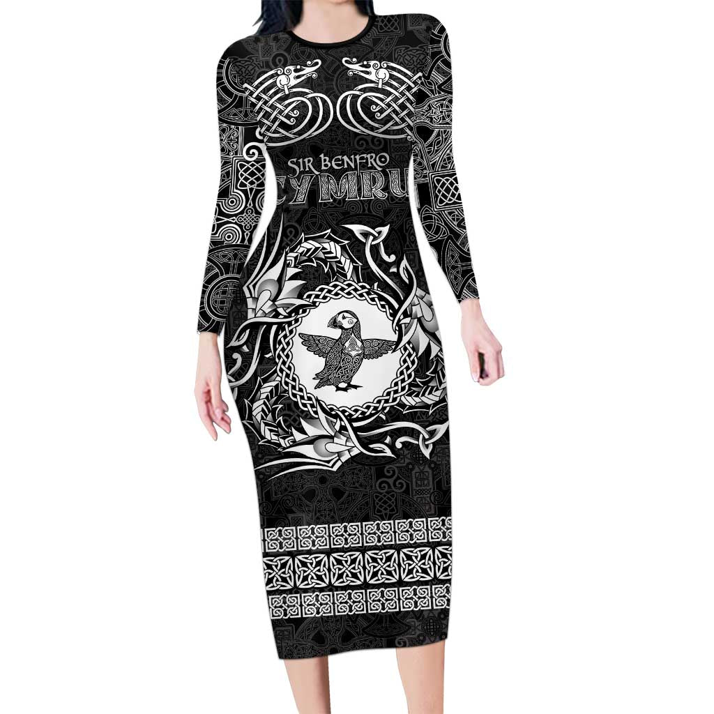 Personalized Pembrokeshire Sir Benfro Family Matching Long Sleeve Bodycon Dress and Hawaiian Shirt Black Puffin Celtic-inspired - Wonder Print Shop