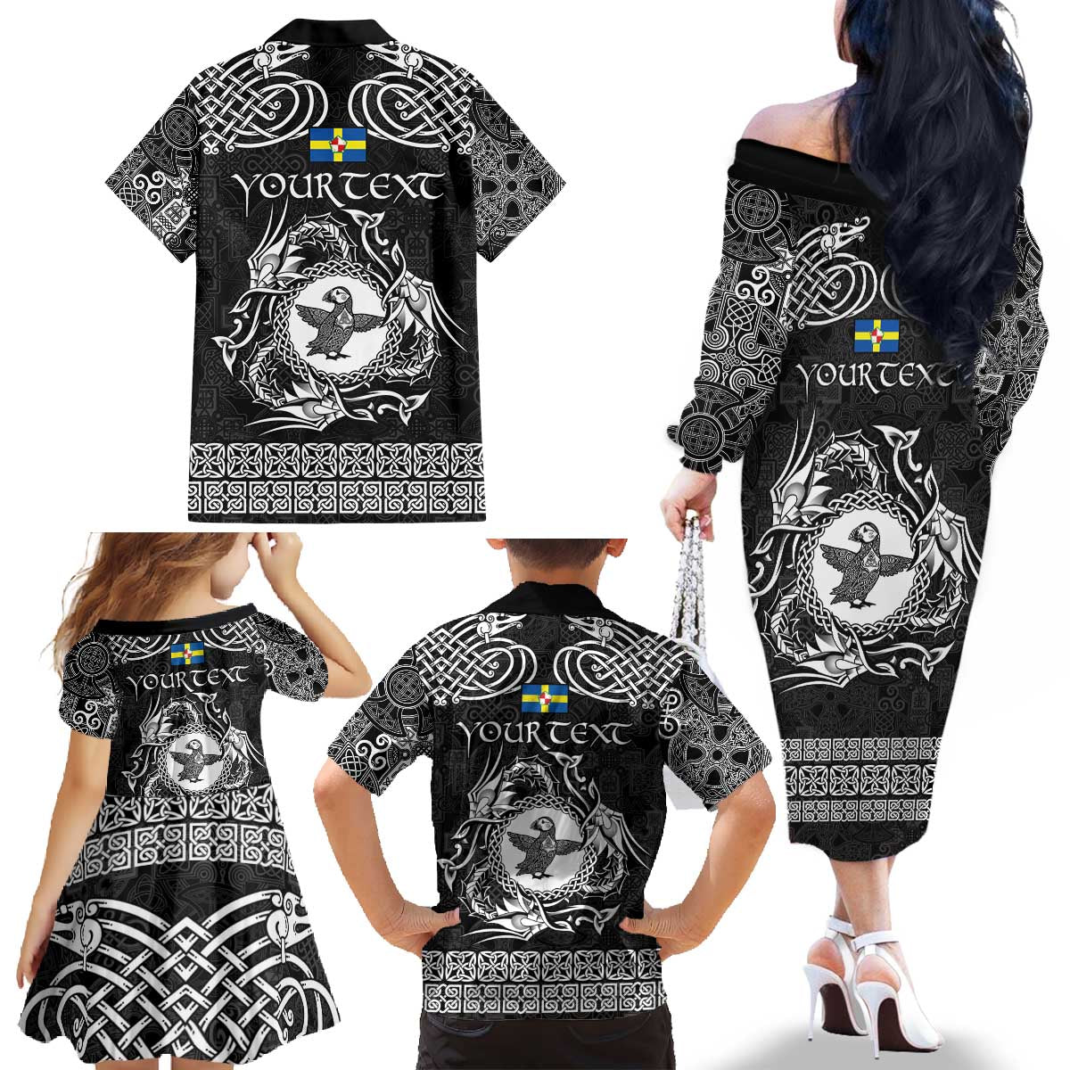 Personalized Pembrokeshire Sir Benfro Family Matching Off The Shoulder Long Sleeve Dress and Hawaiian Shirt Black Puffin Celtic-inspired - Wonder Print Shop