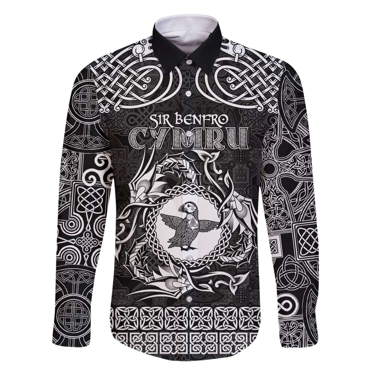 Personalized Pembrokeshire Sir Benfro Family Matching Off The Shoulder Long Sleeve Dress and Hawaiian Shirt Black Puffin Celtic-inspired - Wonder Print Shop